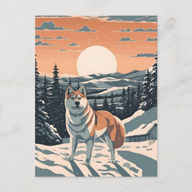 Cartão Postal Shiba Inu nas montanhas nevadas durante o pôr do s (Frente)