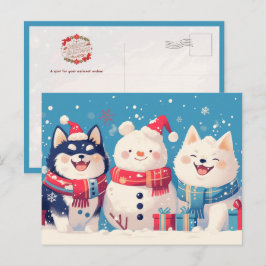 Cartão Postal Shiba Inu preto e cão Samoyed com Boneco de Neve