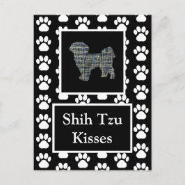 Cartão Postal Shih Tzu Kisses Silhouette Amarelo e Blue Grid