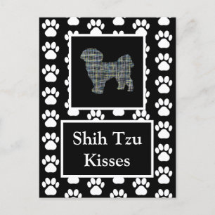 Cartão Postal Shih Tzu Kisses Silhouette Amarelo e Blue Grid