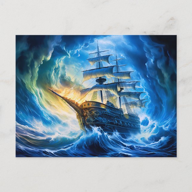 Cartão Postal Ship in Glowing Blue Ocean Fantasy Painting (Frente)