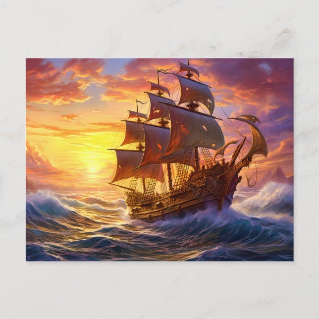 Cartão Postal Ship in Golden Sunset Storm Fantasy Painting (Frente)