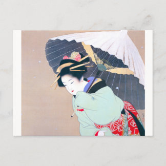 Cartão Postal Shoen Uemura 上村松園 冬 雪 傘 着物 女性 舞妓 芸者 日本画 美人画 浮世絵 緑