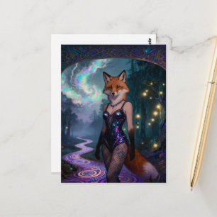 Cartão Postal Showgirl Raposa Vermelha numa Floresta
