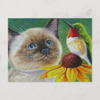 Siamese Kitten & Hummingbird Watercolor Art