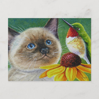 Cartão Postal Siamese Kitten & Hummingbird Watercolor Art
