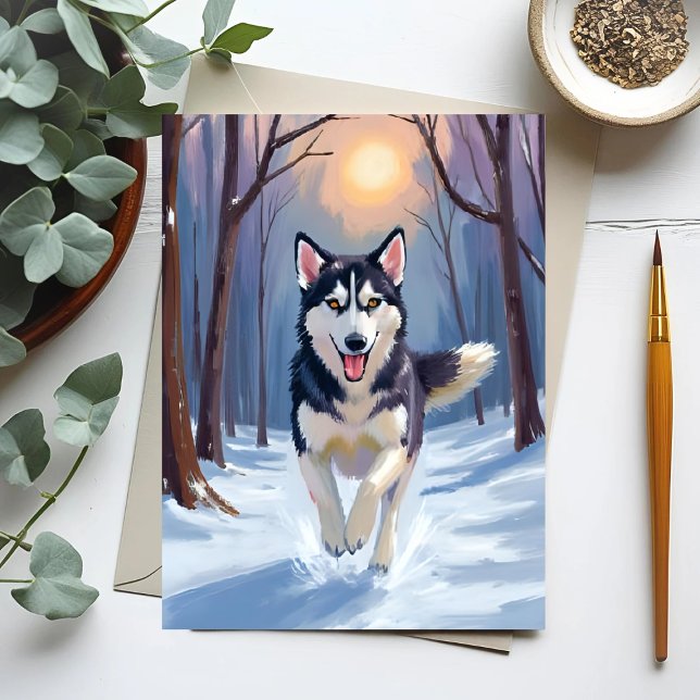 Cartão Postal Siberian Husky Dog Painting Winter (Criador carregado)
