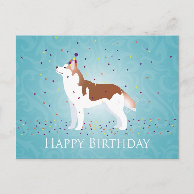 Cartão Postal Siberian Husky - Vermelho - Design de aniversário  (Frente)