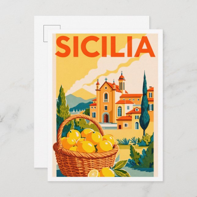 Cartão Postal Sicilia Itália Art Vintage Illustration Viagem (Frente/Verso)