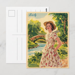 Cartão Postal Sicília vintage senhora italiana no 50