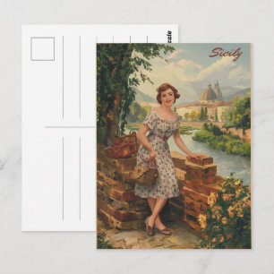Cartão Postal Sicília vintage senhora italiana no 50