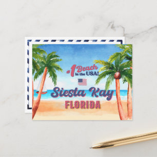 Cartão Postal Siesta Key Florida Watercolor Souvenirs FL Vintage
