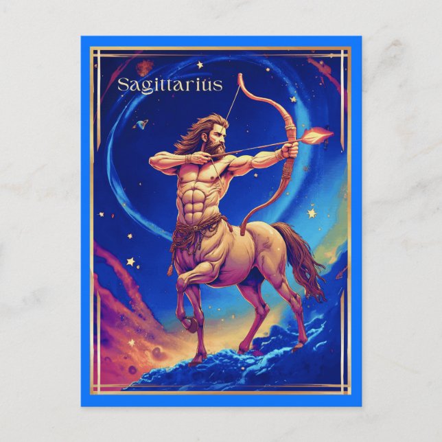 Cartão Postal Signo Zodiacal Sagitário como o Arqueiro Celestial (Frente)