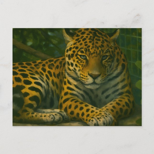 Cartão Postal Silêncio Dourado – Leopardo Descansando na Folhage (Frente)