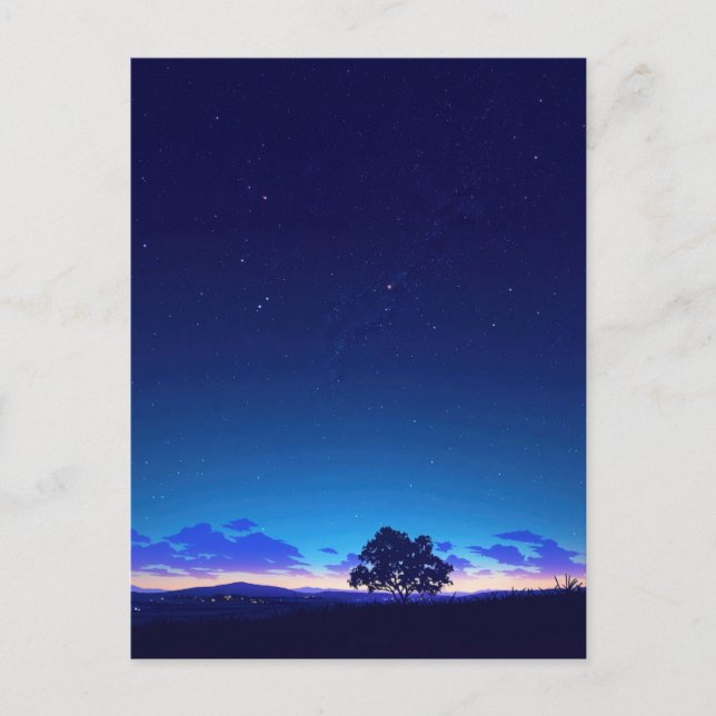 Cartão Postal Silhueta da Árvore na Noite Estrelada Serena (Frente)
