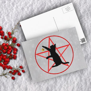 Cartão Postal Silhueta de Gato Preto Estrela Dourada Pentagrama 