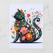 Silhueta de gato preto feita de flores coloridas