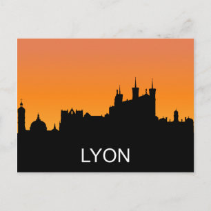 Cartão Postal Silhueta de Lyon, por do sol do verão, ilustraç