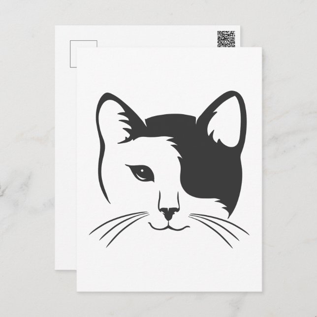 Cartão Postal Silhueta de rosto de gato preto e branco