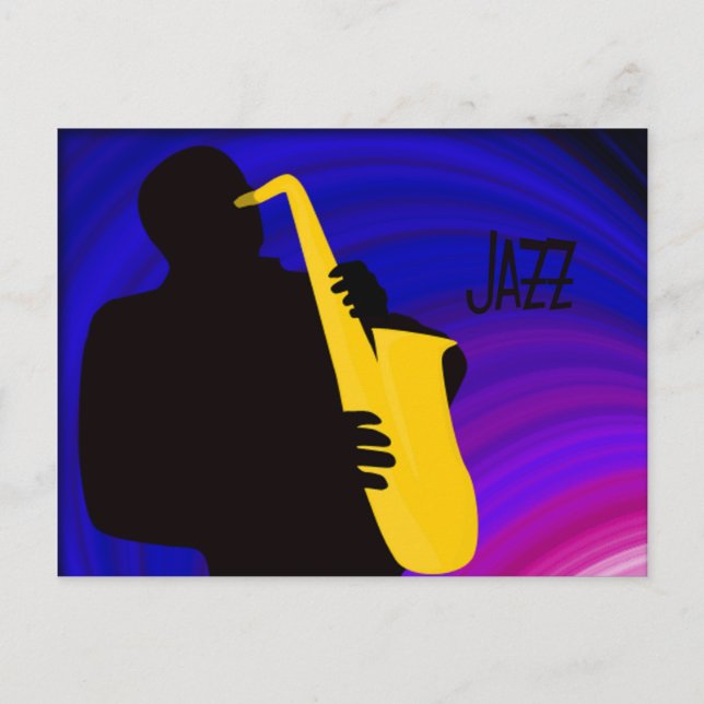 Cartão Postal Silhueta de um jogador de jazz, azul e roxo (Frente)