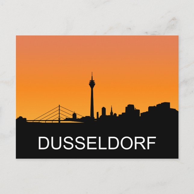Cartão Postal Silhueta Dusseldorf, ilustração do pôr do sol de v (Frente)