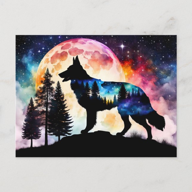 Cartão Postal Silhueta german shepherd na Lua Montanha (Frente)