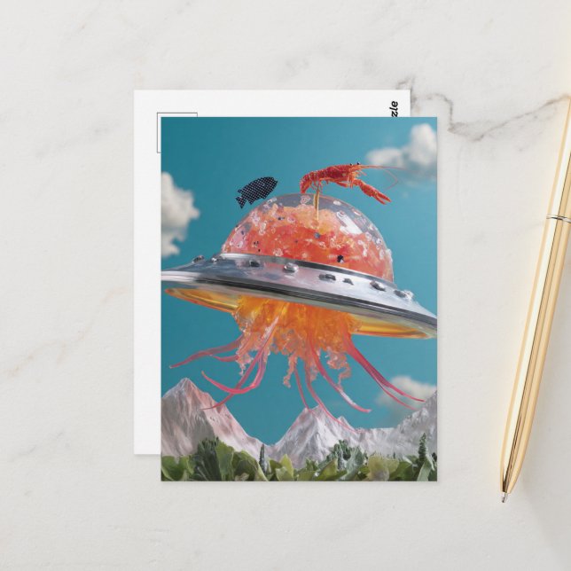 Cartão Postal Silly Lobster Fish Surreal Jellyfish UFO Collage (Frente/Verso In Situ)