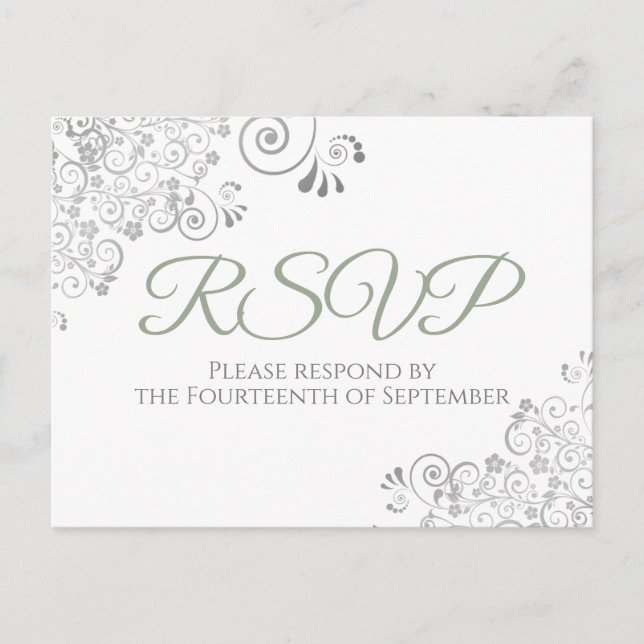 Cartão Postal Silver Frills Simple Chic Sage Green Wedding RSVP (Frente)