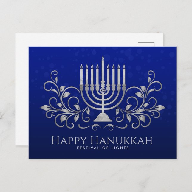 Cartão Postal Silver Menorah Swirl Ornament Happy Hanukkah (Frente/Verso)