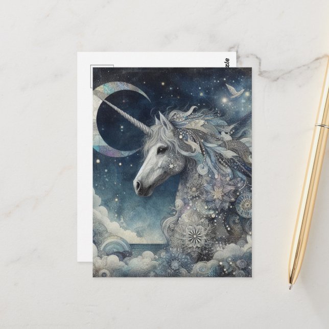 Cartão Postal Silver Unicorn Collage With Moon (Frente/Verso In Situ)