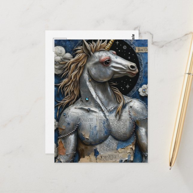 Cartão Postal Silver Unicorn With Muscles Collage (Frente/Verso In Situ)
