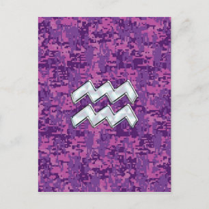 Cartão Postal Símbolo Aquarius Zodiac no fuchsia digital camo