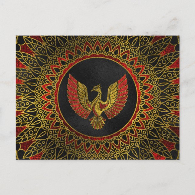 Cartão Postal Símbolo de pássaro Phoenix Dourado e vermelho deco (Frente)