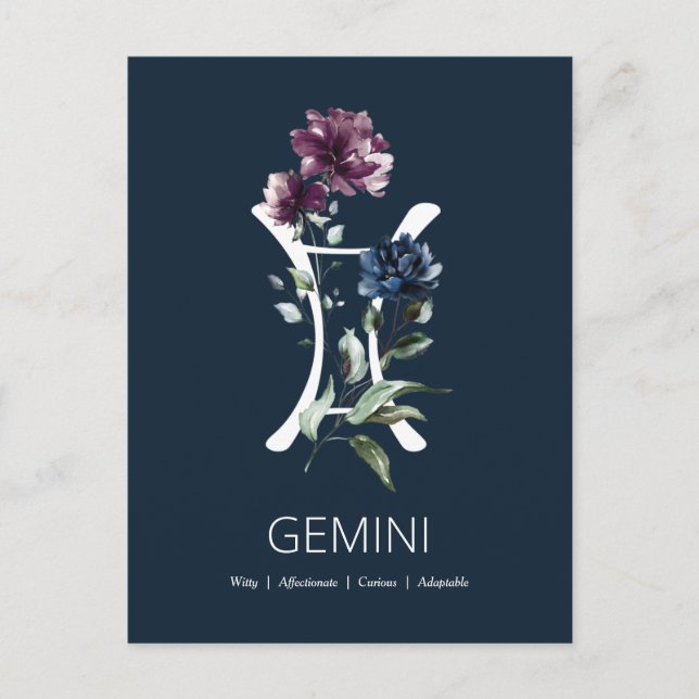 Cartão Postal Símbolo Floral Zodiac Star Elegante Gemini (Frente)