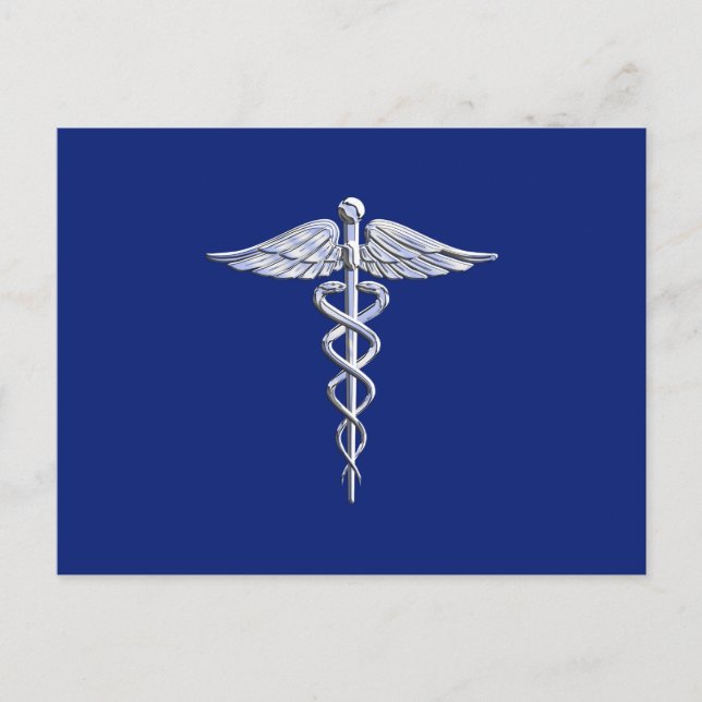 Cartão Postal Símbolo Médico de Cromo Silver Caduceus em Azul Ma (Frente)