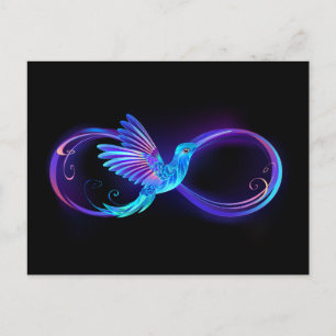 Cartão Postal Símbolo Neon Infinity com Hummingbird brilhante