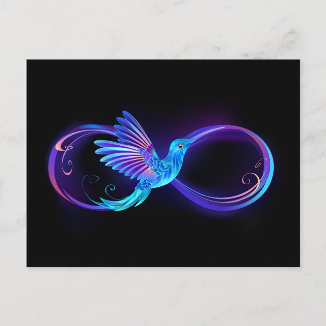 Cartão Postal Símbolo Neon Infinity com Hummingbird brilhante (Frente)