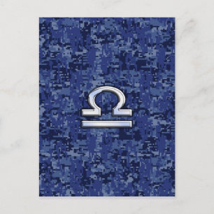 Cartão Postal Símbolo Silver Libra Zodiac no camo digital azul