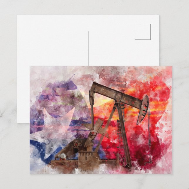 Cartão Postal Símbolo texano do Pumpjack aquarela com a bandeira (Frente/Verso)