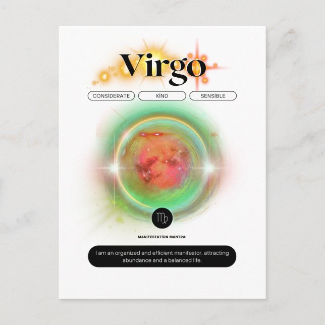 Cartão Postal Símbolo Zodiano Moderno Virgo Citação Elemento da  (Frente)