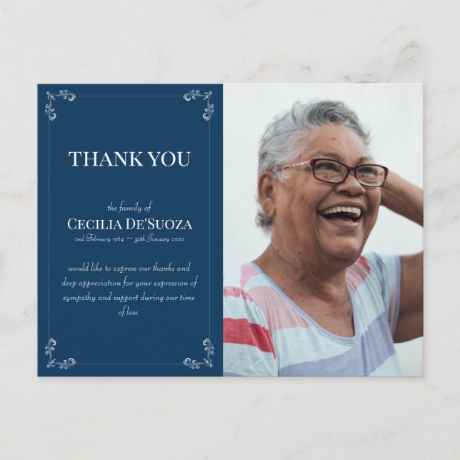 Cartão Postal Simpatia Personalizada Foto Funeral Obrigado Azul (Frente)