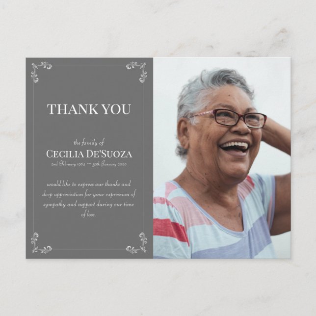 Cartão Postal Simpatia Personalizada Foto Funeral Obrigado Cinza (Frente)