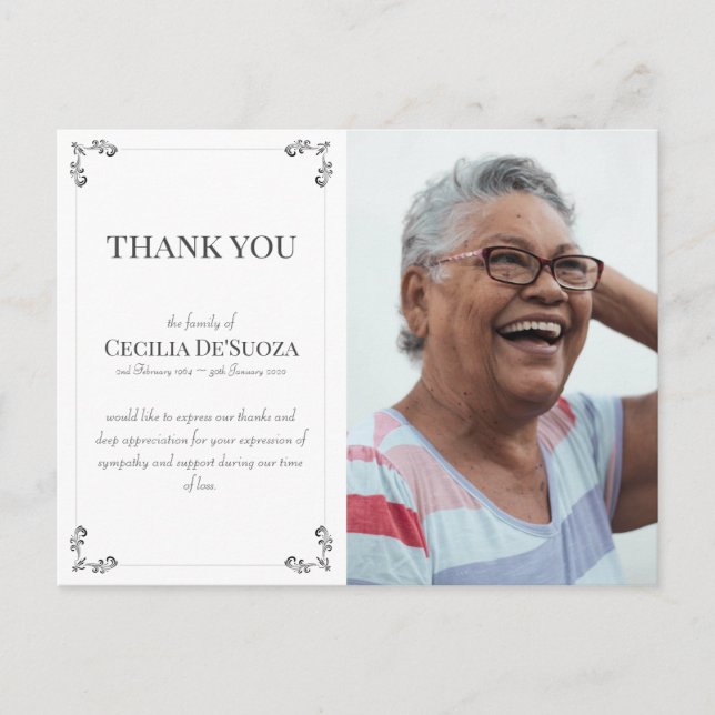 Cartão Postal Simpatia Personalizada Foto Funeral Obrigado White (Frente)