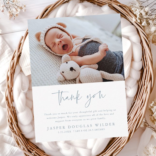 Cartão Postal Simple Baby Photo Birth Stats Thank You Card (Minimal script baby photo thank you cards.)
