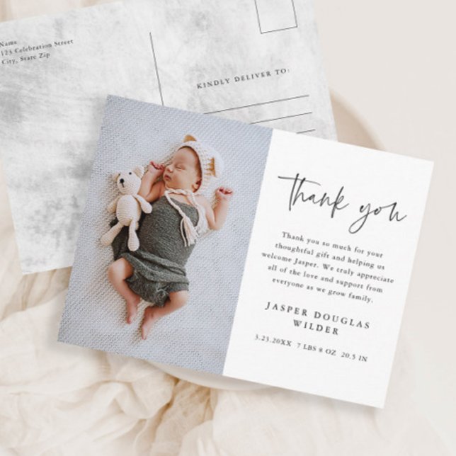 Cartão Postal Simple Baby Photo Birth Stats Thank You Postcard (Modern script simple black and white baby photo thank you note postcards.)