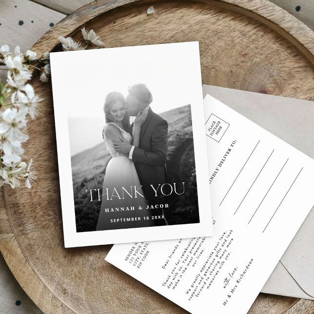 Cartão Postal Simple Black White Photo Wedding Thank You (Criador carregado)