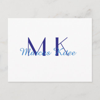 Cartão Postal simple minimal monogram personalized name blue ret