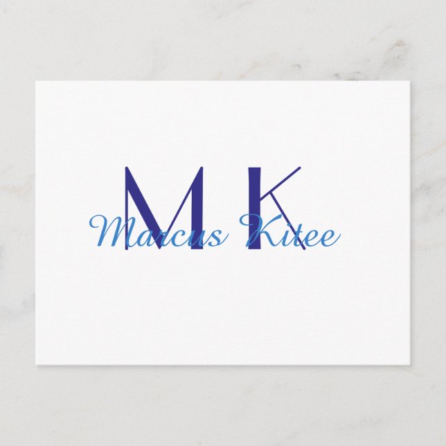 Cartão Postal simple minimal monogram personalized name blue ret (Frente)