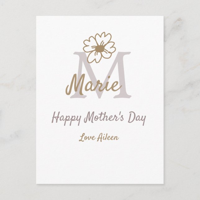 Cartão Postal simple minimal mother's day monogram golden gray f (Frente)