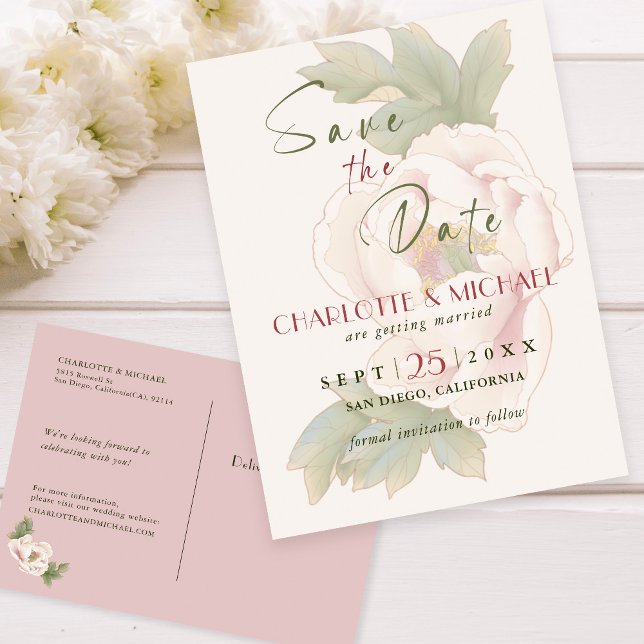 Cartão Postal Simple Rustic Save the Date Blush Peony Wedding  (Criador carregado)